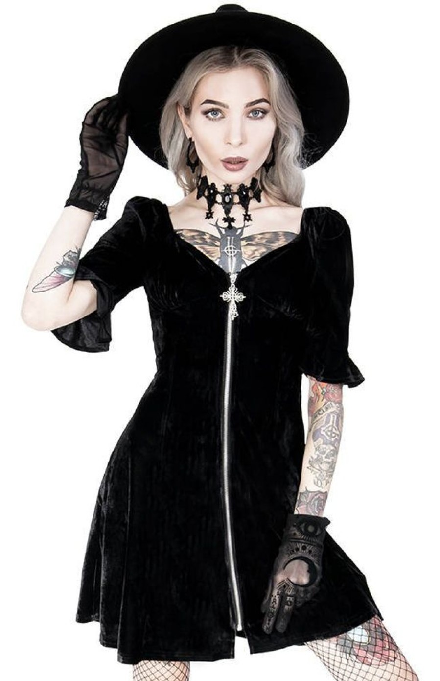 Clothes Restyle | Black Velvet Sweetheart Dress With A Gothic Cross