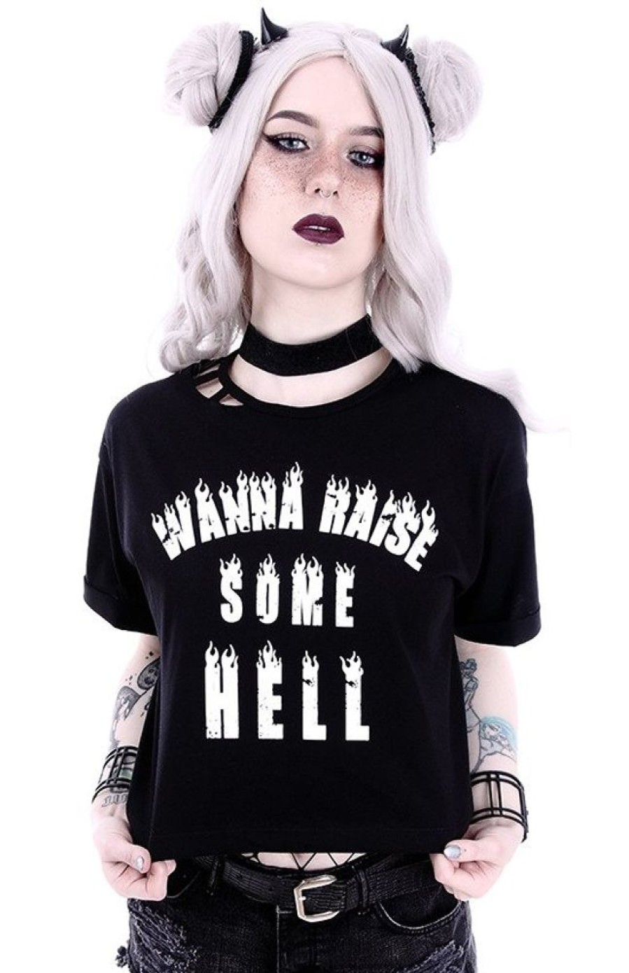 Clothes Restyle | Crop Top Gothic Blouse With Burning Letters "Wanna Raise Some Hell"