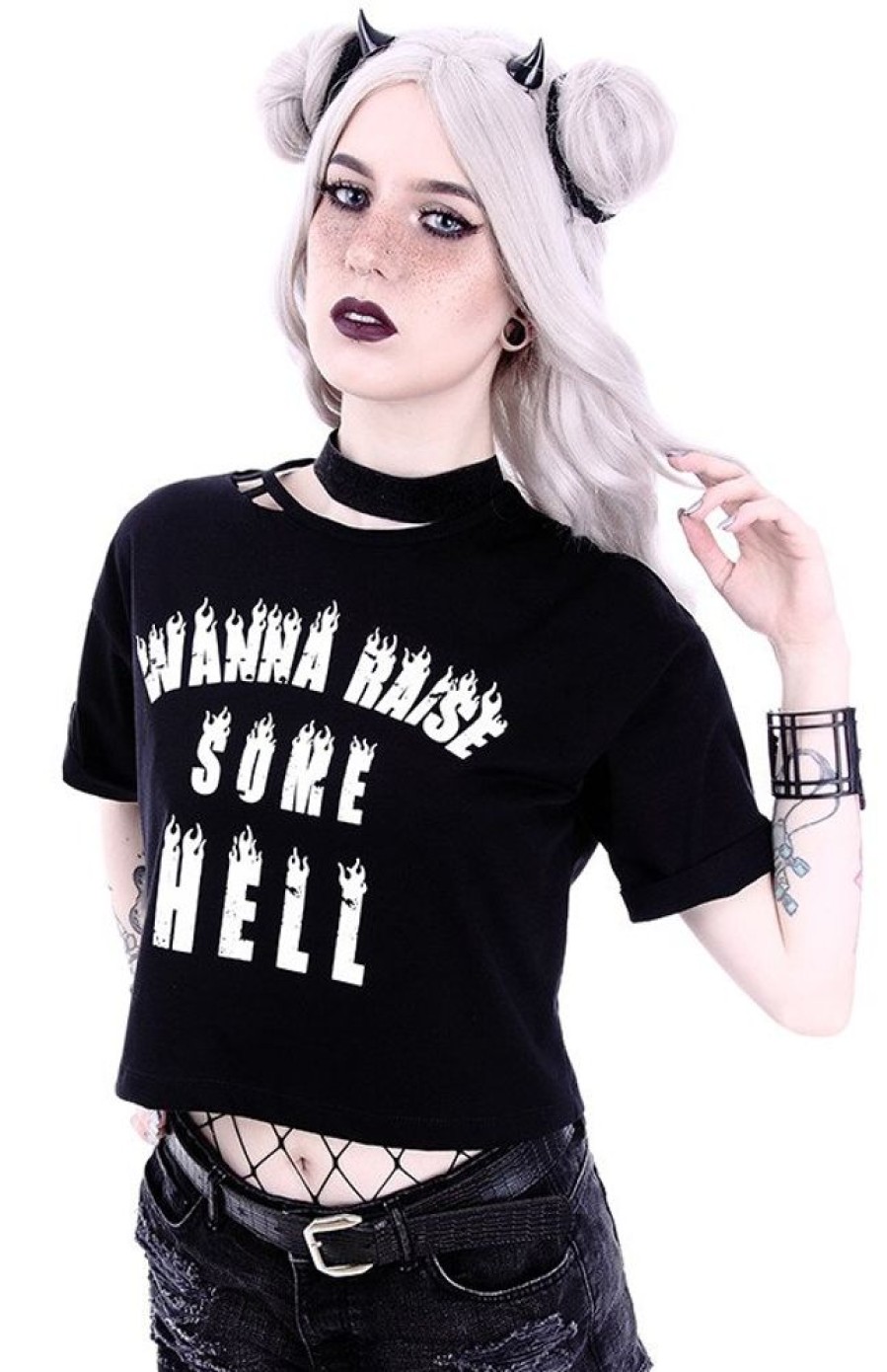 Clothes Restyle | Crop Top Gothic Blouse With Burning Letters "Wanna Raise Some Hell"