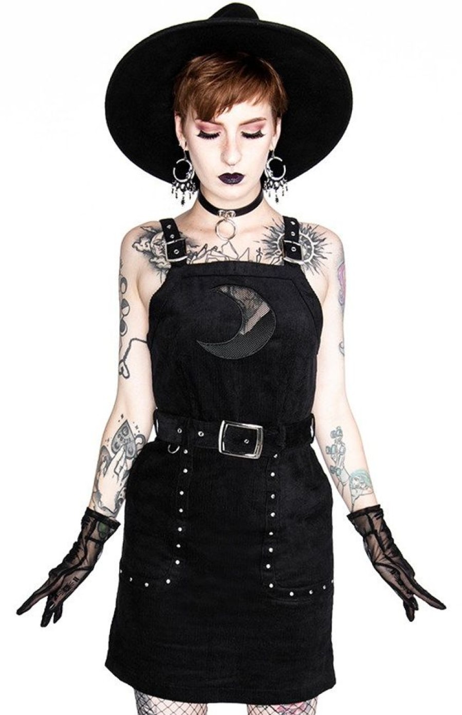 Clothes Restyle | Black Gothic Mesh Moon Suspender Corduroy Crescent Dress