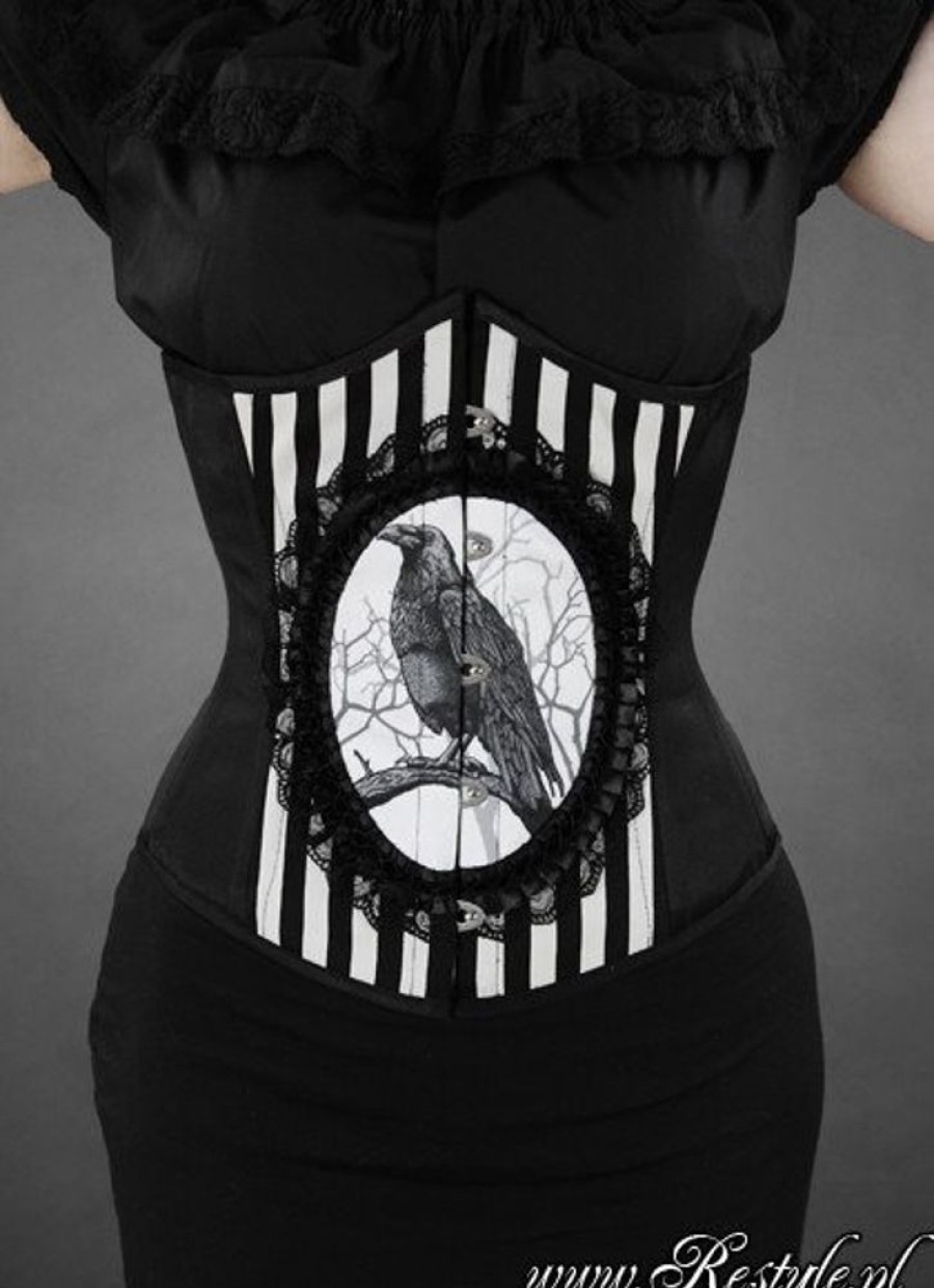 Corsets Restyle | Black And White Stripes Cameo Corset With Crow "Fantasy Raven"