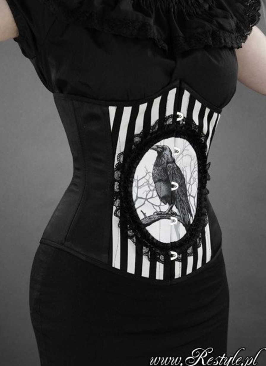 Corsets Restyle | Black And White Stripes Cameo Corset With Crow "Fantasy Raven"