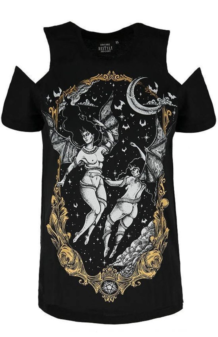 Clothes Restyle | Black Gothic T-Shirt Succubus Las Furias Cold Shoulder