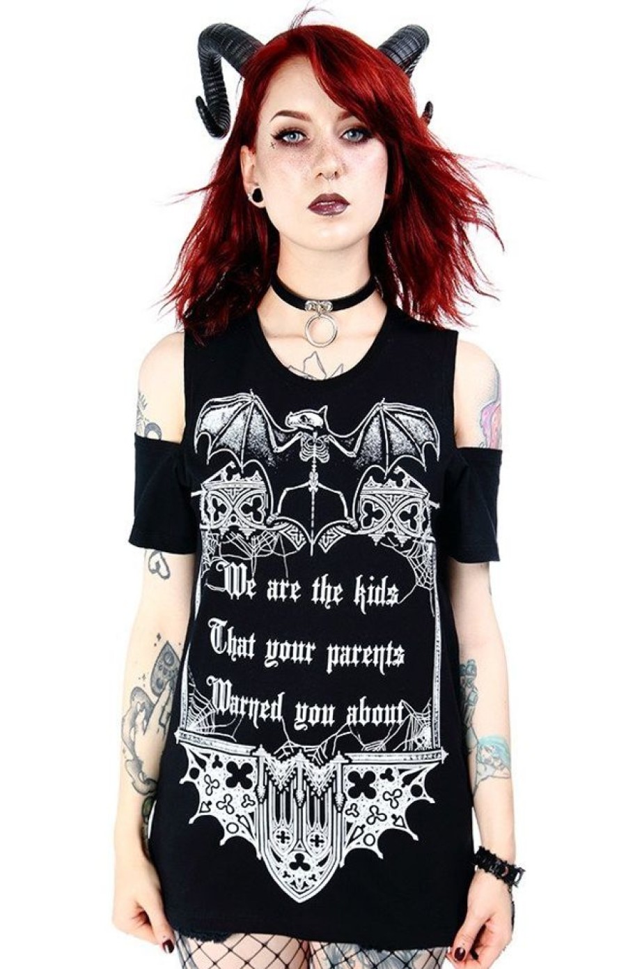 Clothes Restyle | Black Women`S Gothic T-Shirt Cold Shoulder We Are The Kids