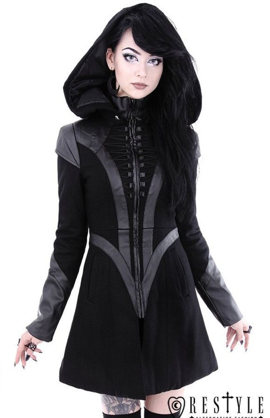 Clothes Restyle | Black Winter Jacket With Pockets, Detachable Hood "Future Goth Coat"