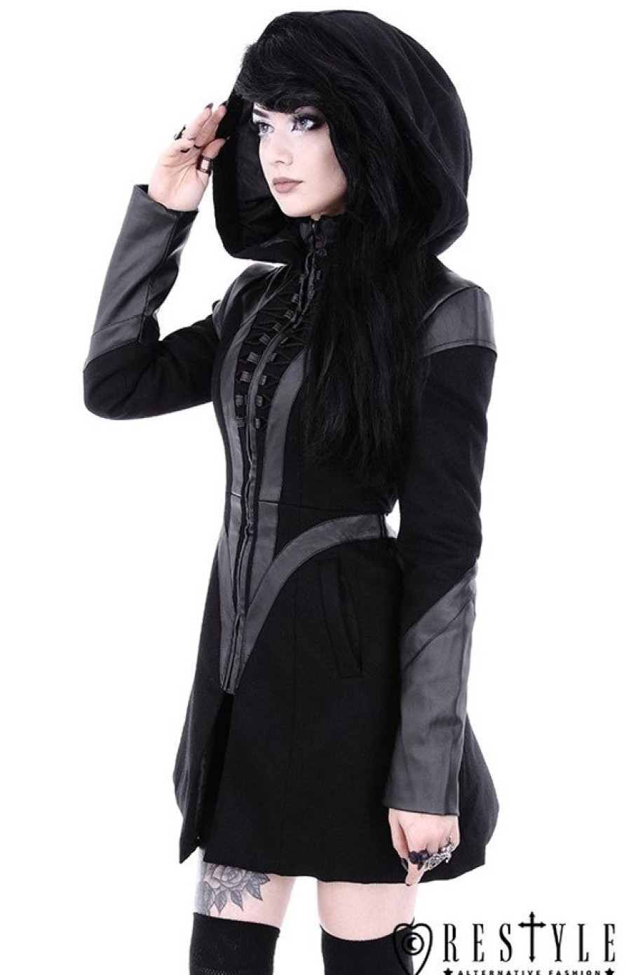 Clothes Restyle | Black Winter Jacket With Pockets, Detachable Hood "Future Goth Coat"