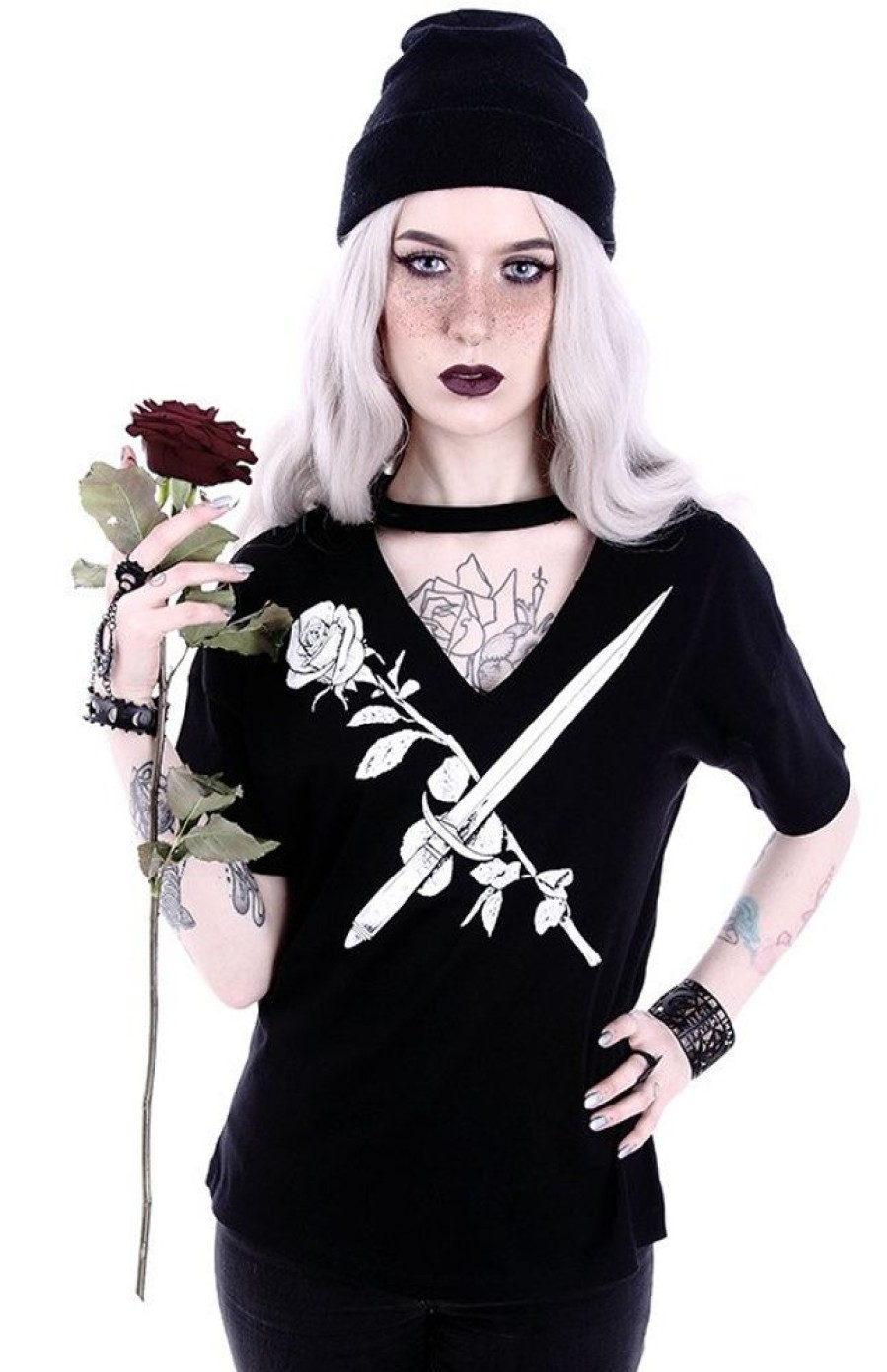 Clothes Restyle | Gothic Blouse With Knife And Rose V-Neck With Choker "Stay Sharp"