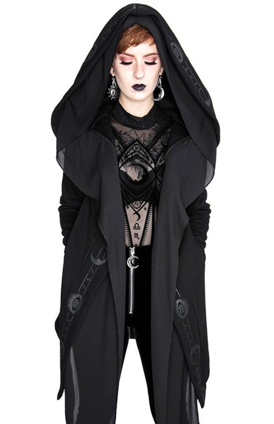 Clothes Restyle | Fortune Teller Hoodie Black Gothic Hoodie With Veil And Symbols