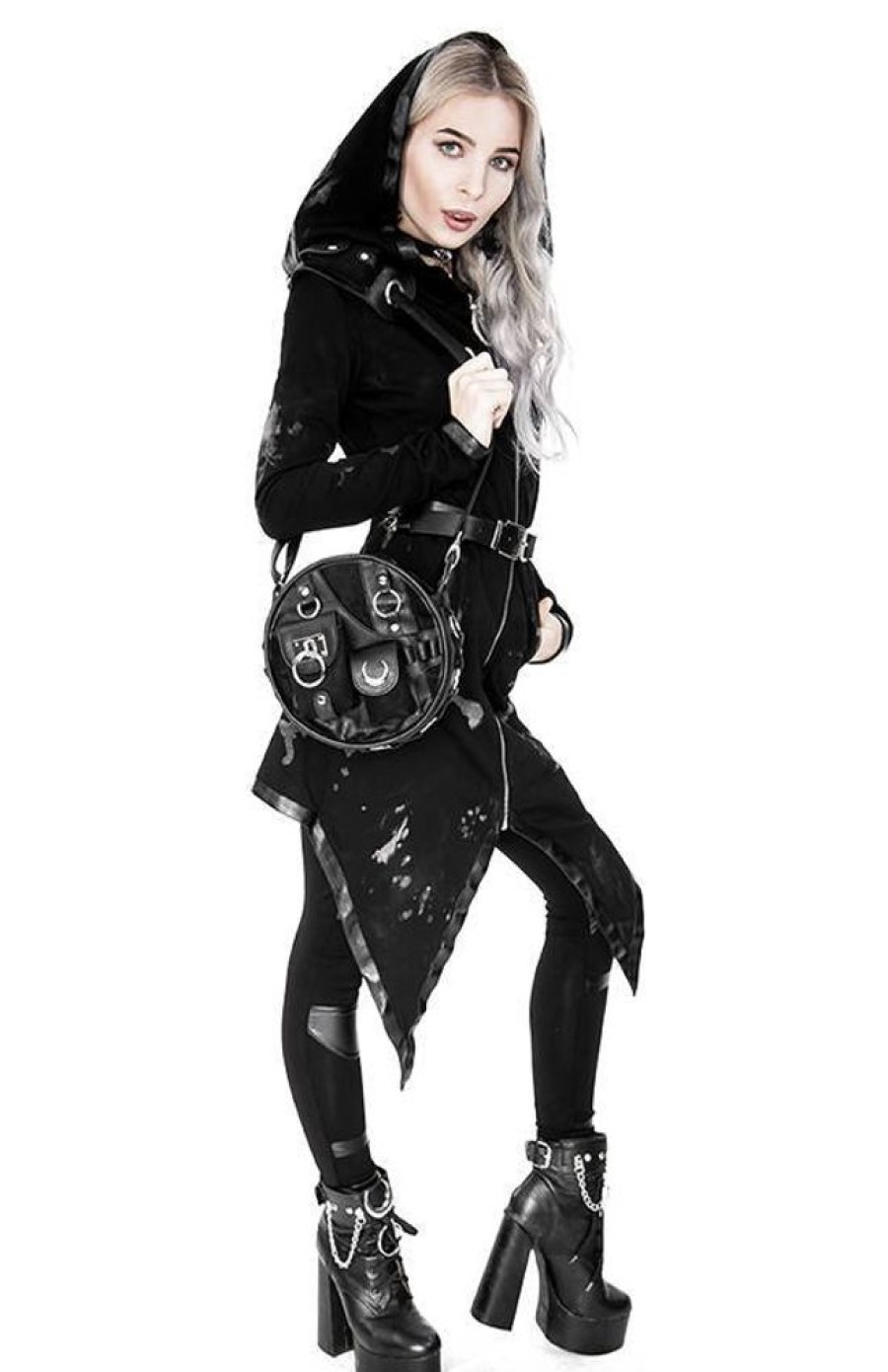 Clothes Restyle | Long Gothic Acid Wash Buckled Hoodie