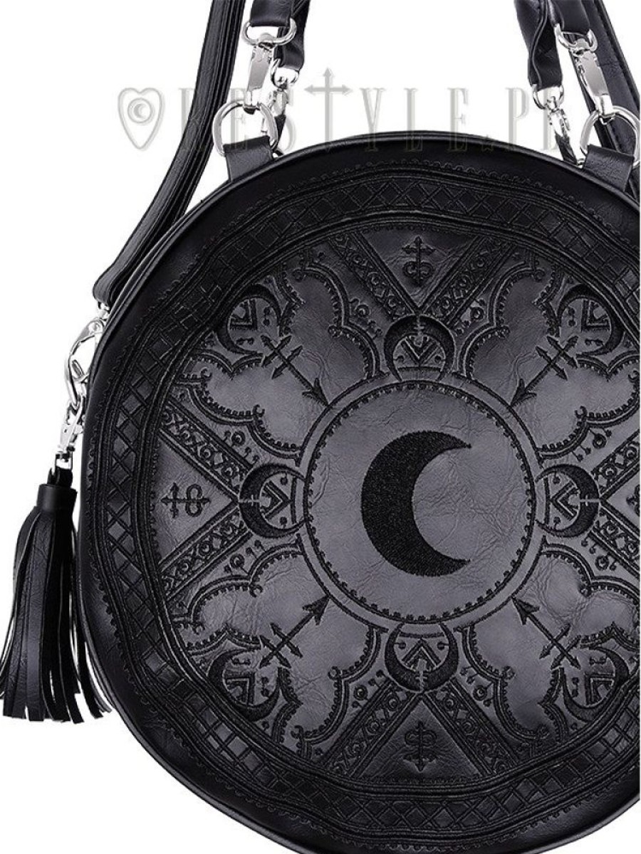 Handbags Restyle | Moon Embroidery Handbag, Witchy Purse With Moon & Tessels "Henna Black Round Bag"