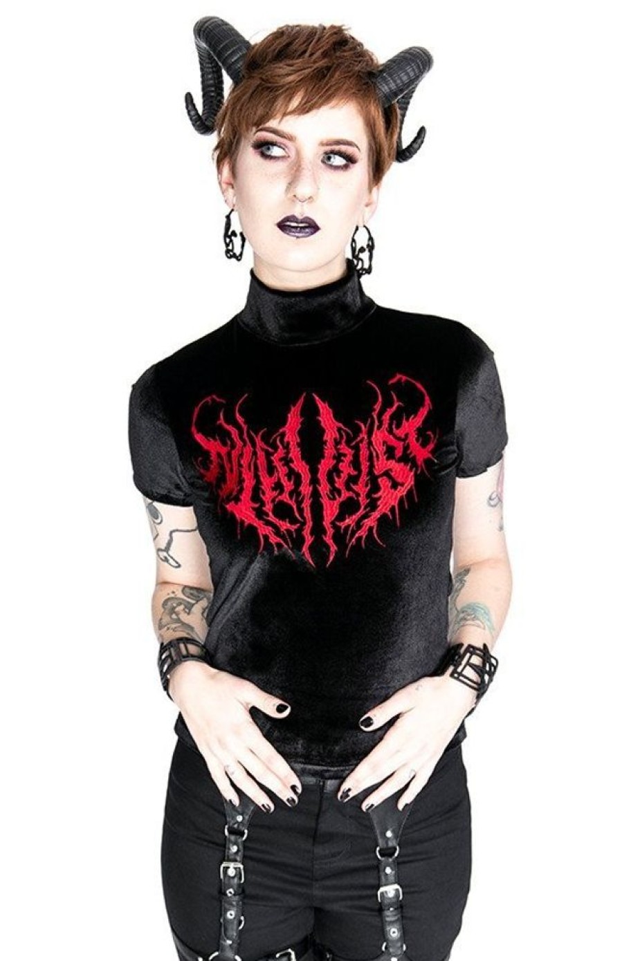 Clothes Restyle | Black Metal Velvet Top Nihilist Embroidered