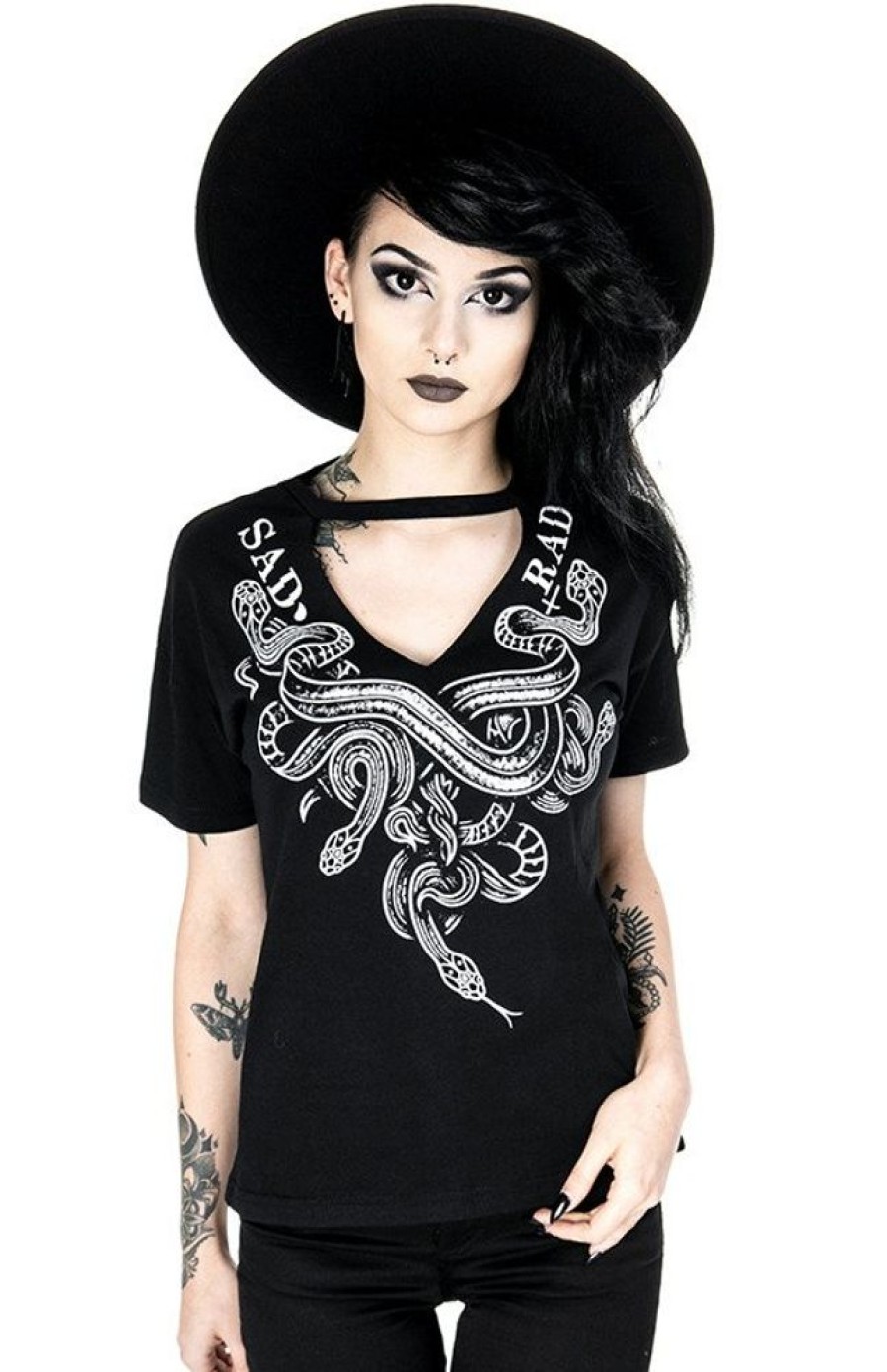 Clothes Restyle | Black Gothic T-Shirt With Choker Sad Rad Snakes Print