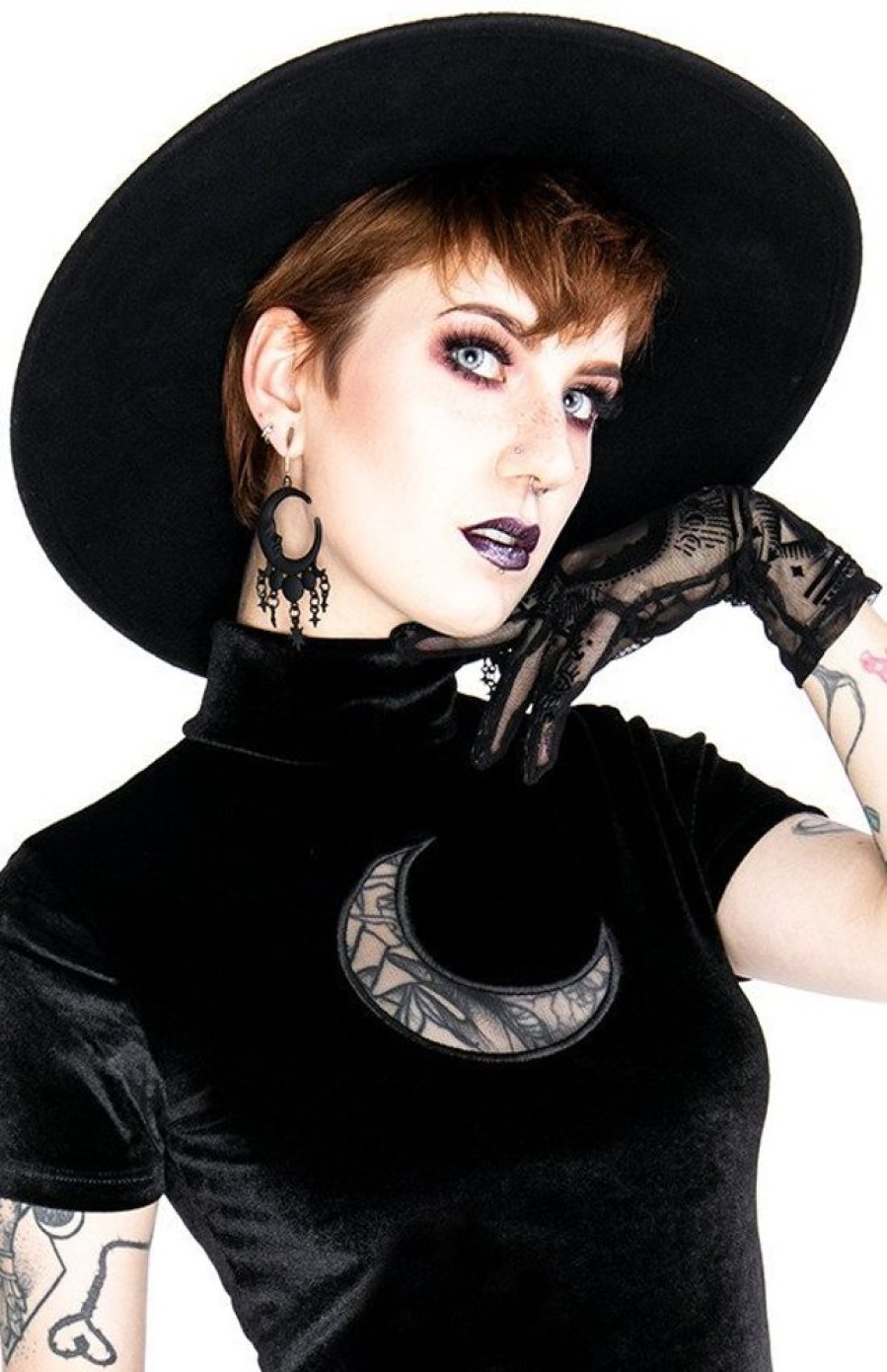 Clothes Restyle | Black Velvet Crescent Mesh Top Moon Witch