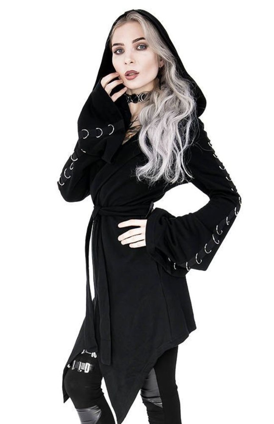 Clothes Restyle | Long Black Gothic Hoodie Waterfall D-Rings