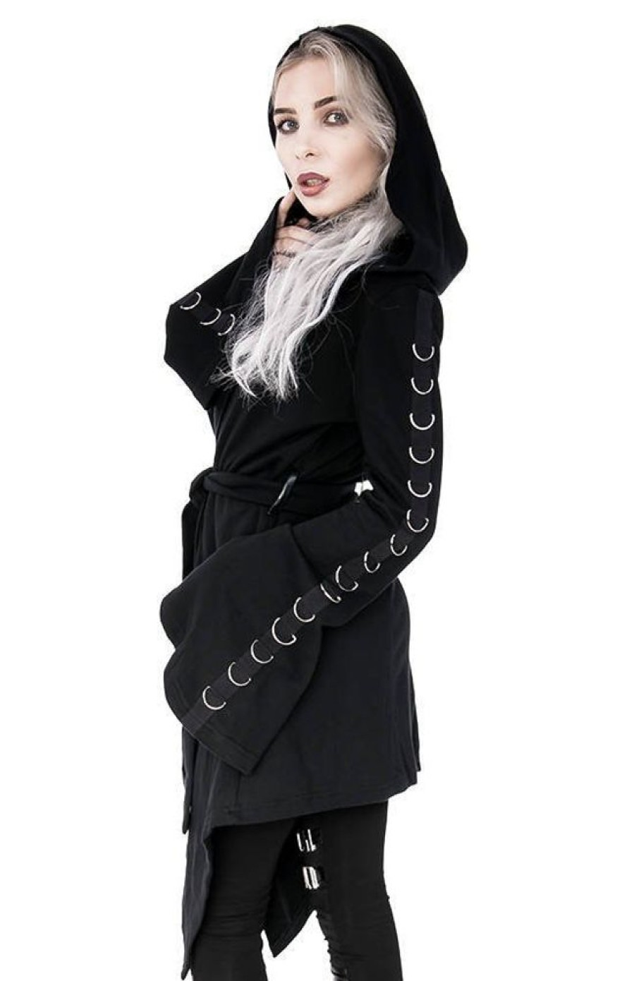 Clothes Restyle | Long Black Gothic Hoodie Waterfall D-Rings