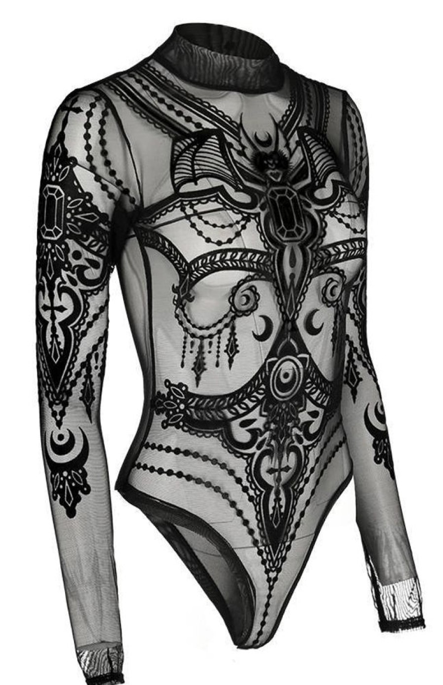 Clothes Restyle | Black Gothic Jewel Bat Mesh Bodysuit