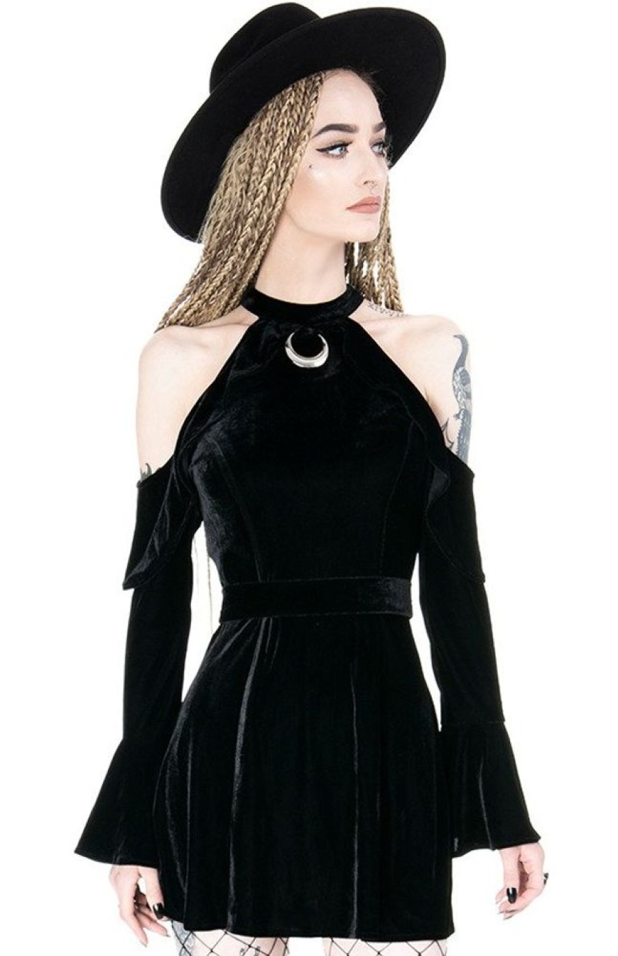 Clothes Restyle | Velvet Moon Dress Black Gothic Mini Dress With Crescent