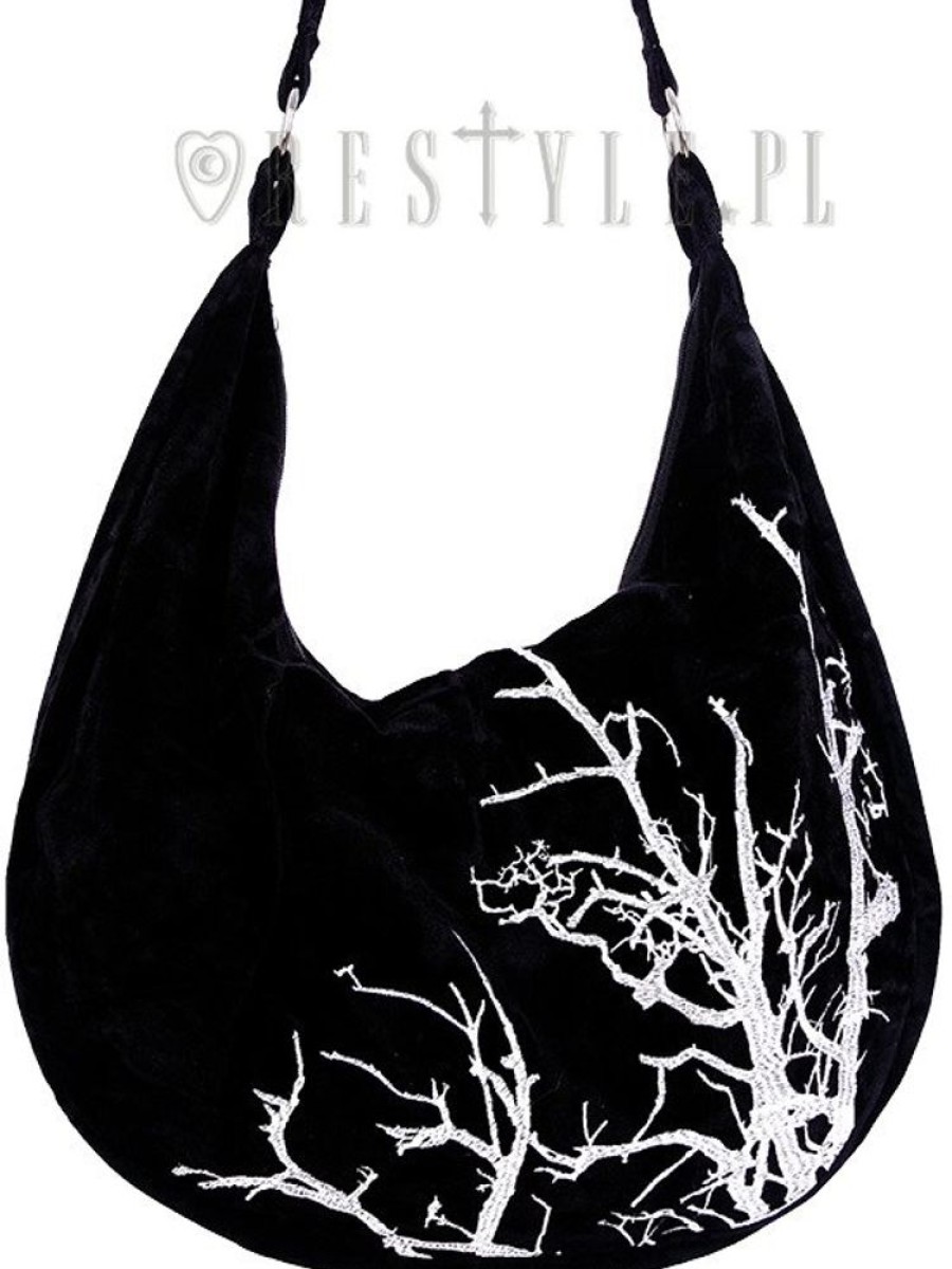 Handbags Restyle | Black Velvet Hobo Bag, Tree Embroidery Sack Bag "White Branches"