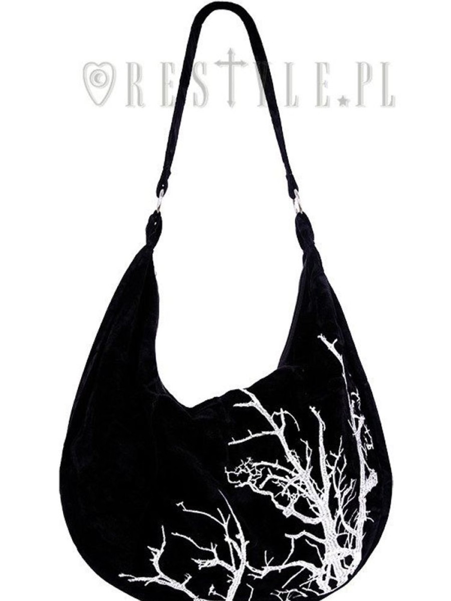 Handbags Restyle | Black Velvet Hobo Bag, Tree Embroidery Sack Bag "White Branches"