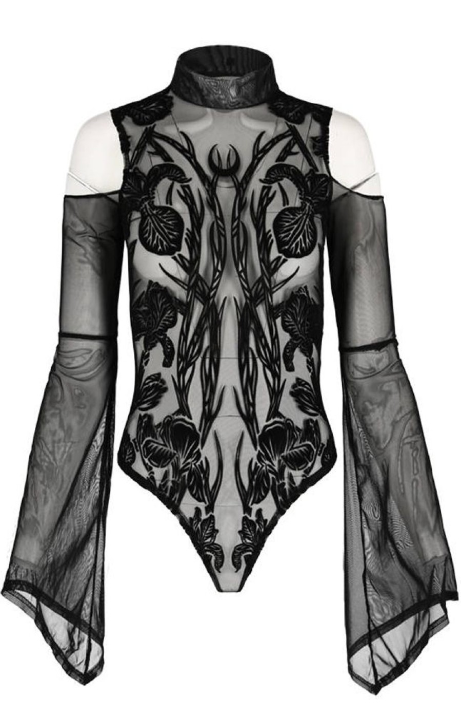 Clothes Restyle | Black Gothic Iris Bodysuit Cold Shoulder