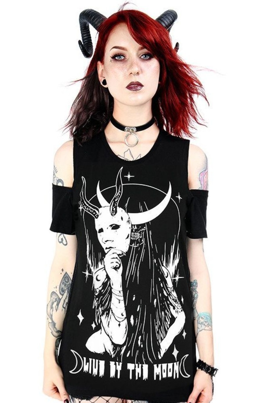 Clothes Restyle | Black Witches Cold Shoulder T-Shirt Live By The Moon