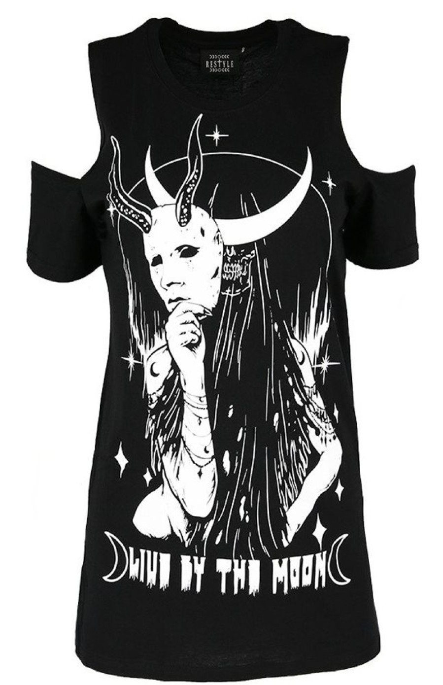 Clothes Restyle | Black Witches Cold Shoulder T-Shirt Live By The Moon