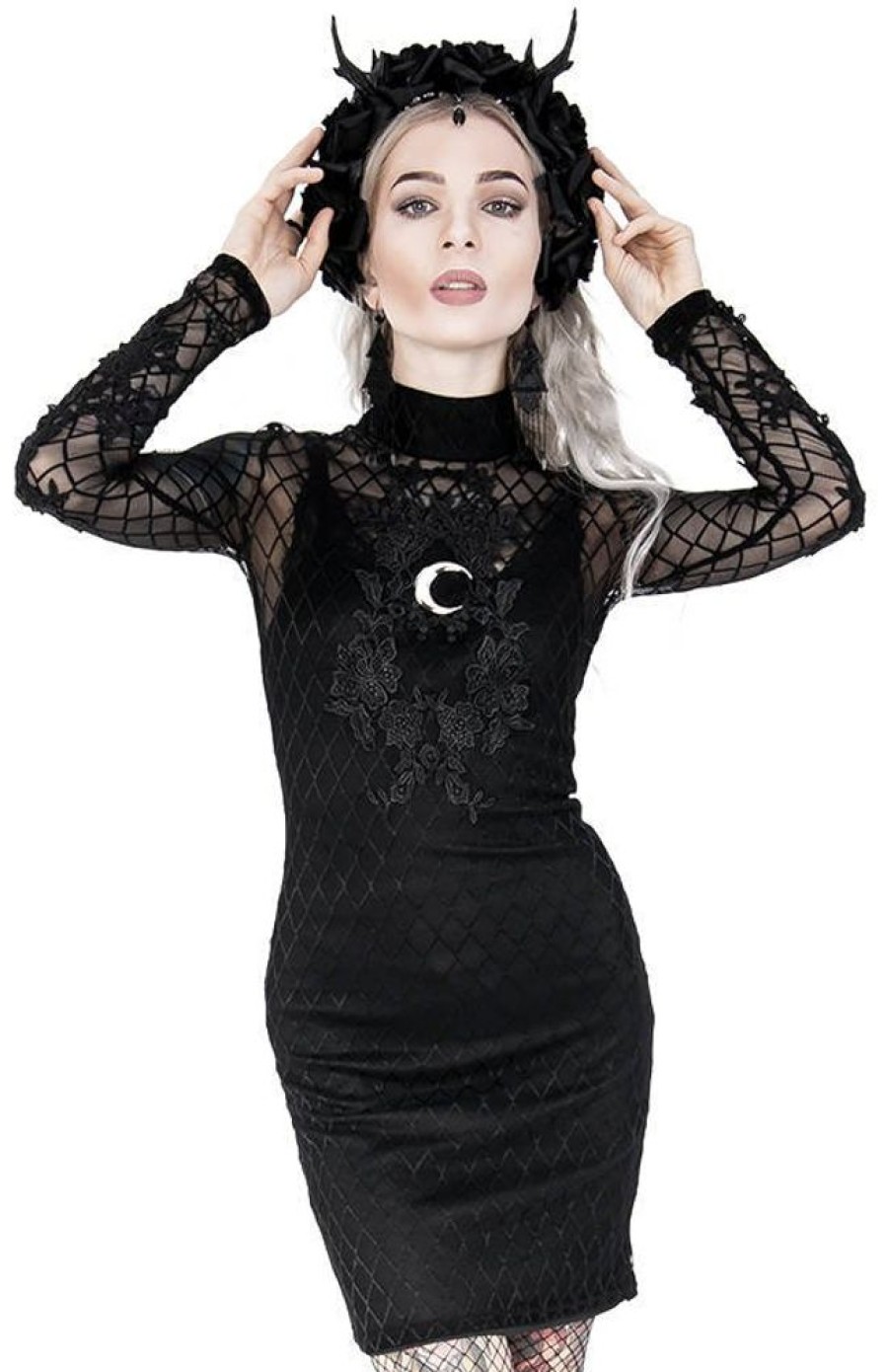 Clothes Restyle | Pencil Mesh Dress With Moon Lace And Moon Motif