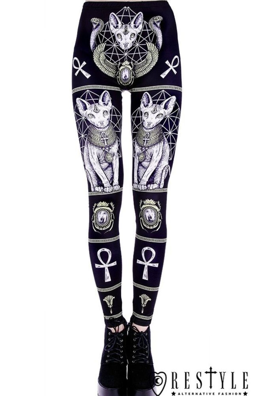 Clothes Restyle | Black Gothic Leggings With Sphynx Cat, Bastet, Occult Trousers "Sphynx Leggings"