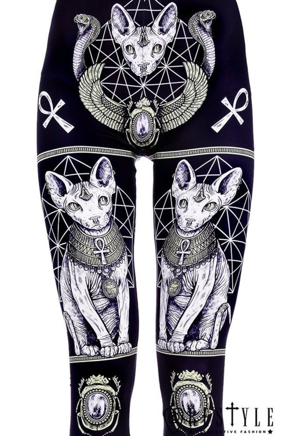 Clothes Restyle | Black Gothic Leggings With Sphynx Cat, Bastet, Occult Trousers "Sphynx Leggings"