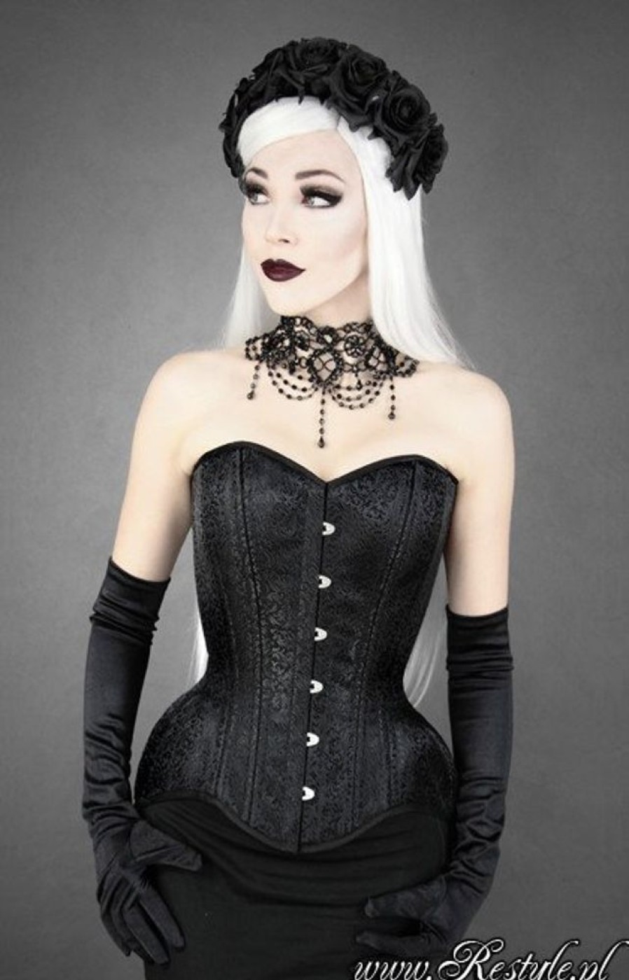 Corsets Restyle | Wh Brocade Overbust Black Gothic Jacuard Hourglass Corset