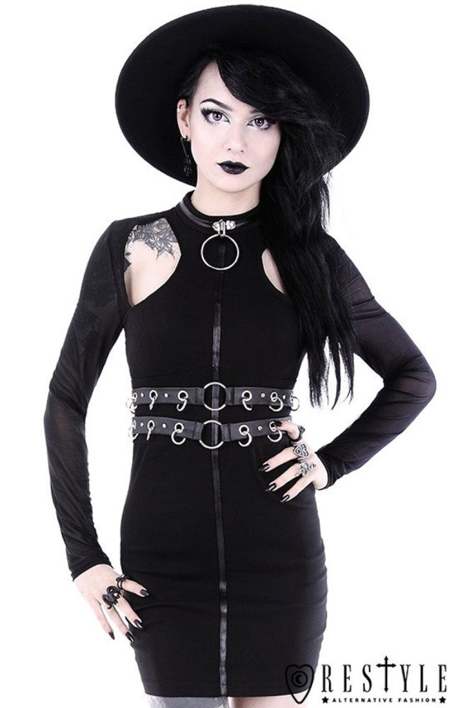 Clothes Restyle | Black Gothic Pencil Dress With Ring Collar "Ring Collar Dress"