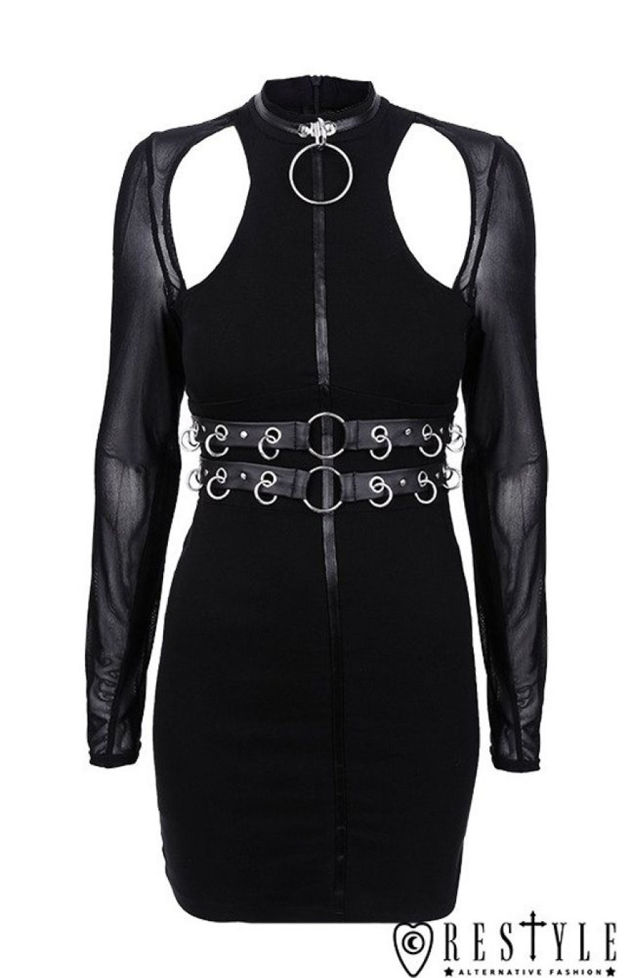 Clothes Restyle | Black Gothic Pencil Dress With Ring Collar "Ring Collar Dress"