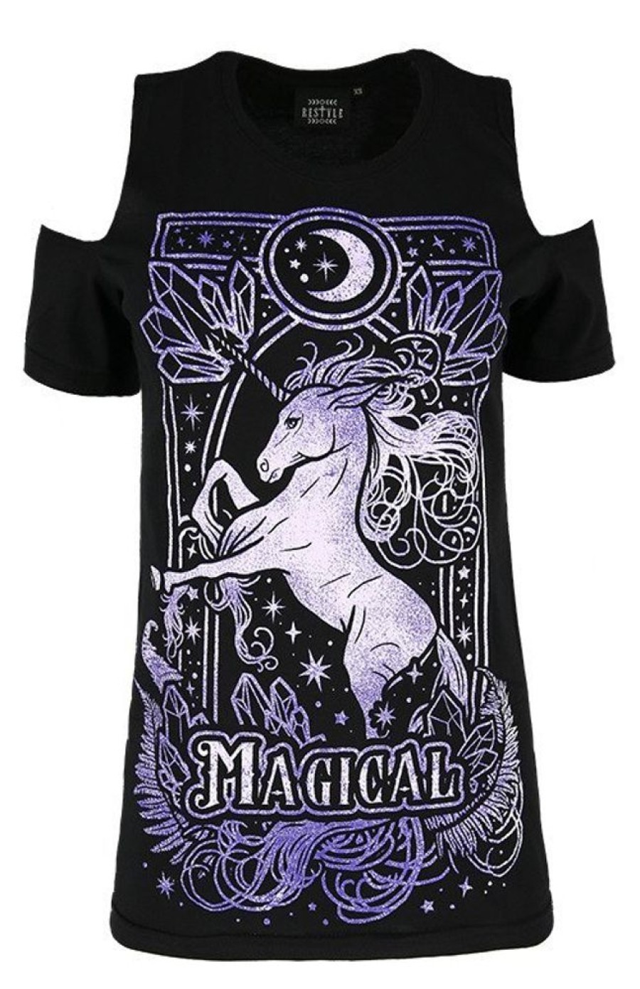 Clothes Restyle | Cold Shoulder T-Shirt Magical Unicorn Purple