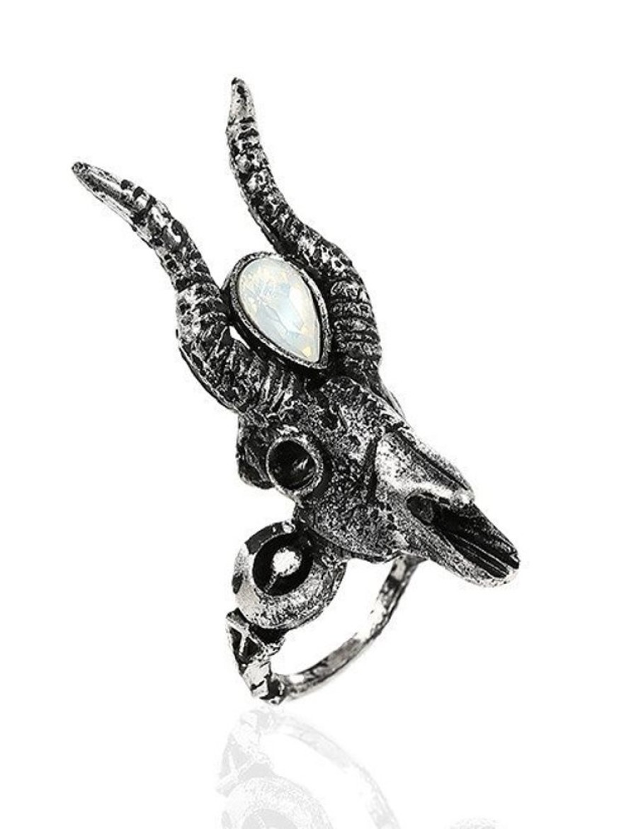 Jewellery Restyle | Gothic 3D Silver Crescent Skull Ring With Opal