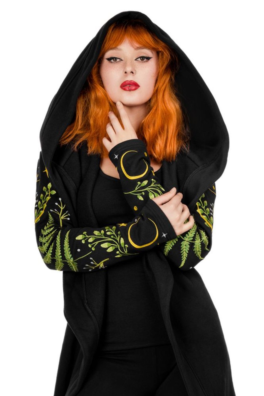 Clothes Restyle | Long Pagan Herbal Hoodie With Fern And Crescent Oversized Hood