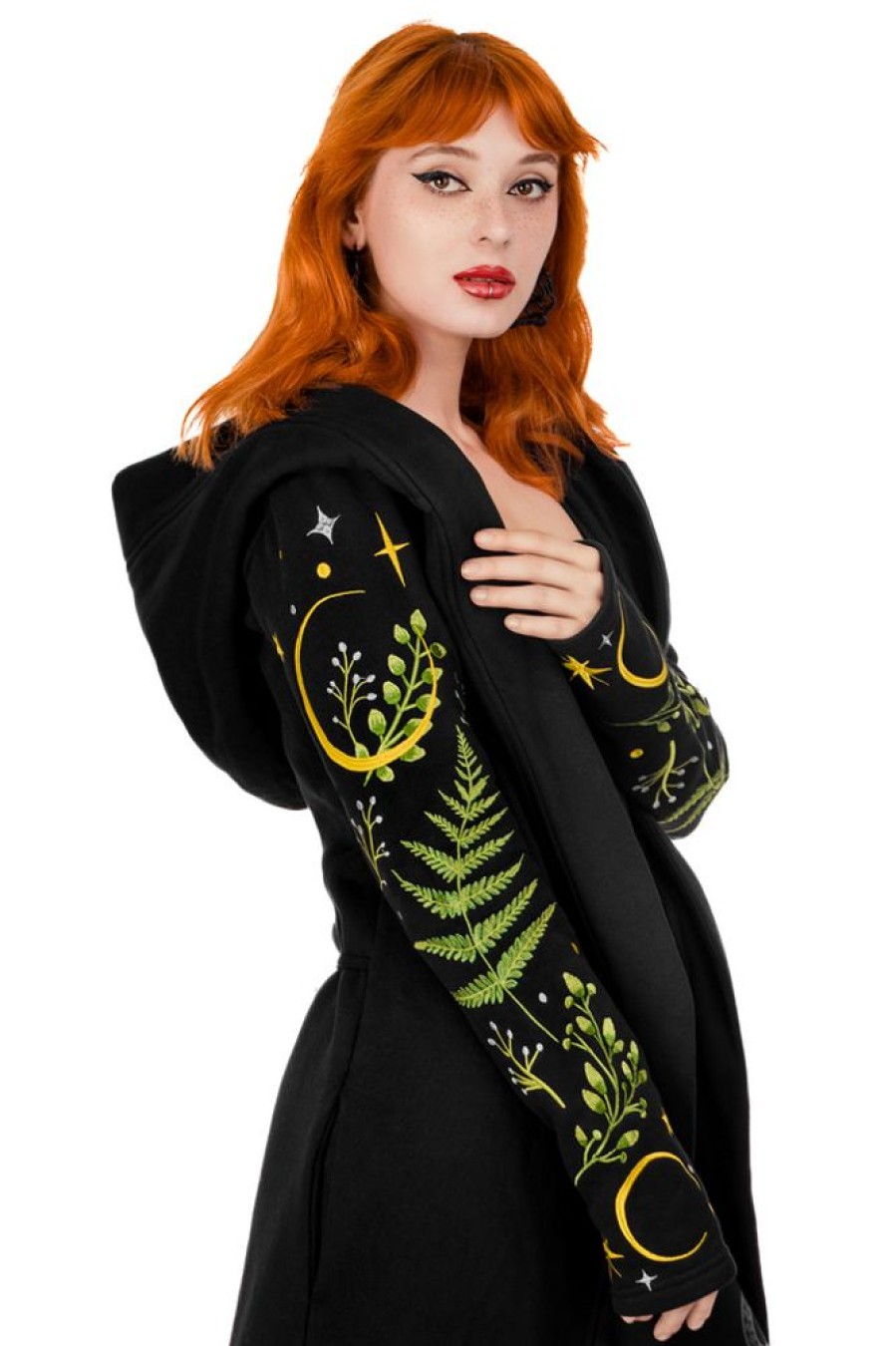 Clothes Restyle | Long Pagan Herbal Hoodie With Fern And Crescent Oversized Hood