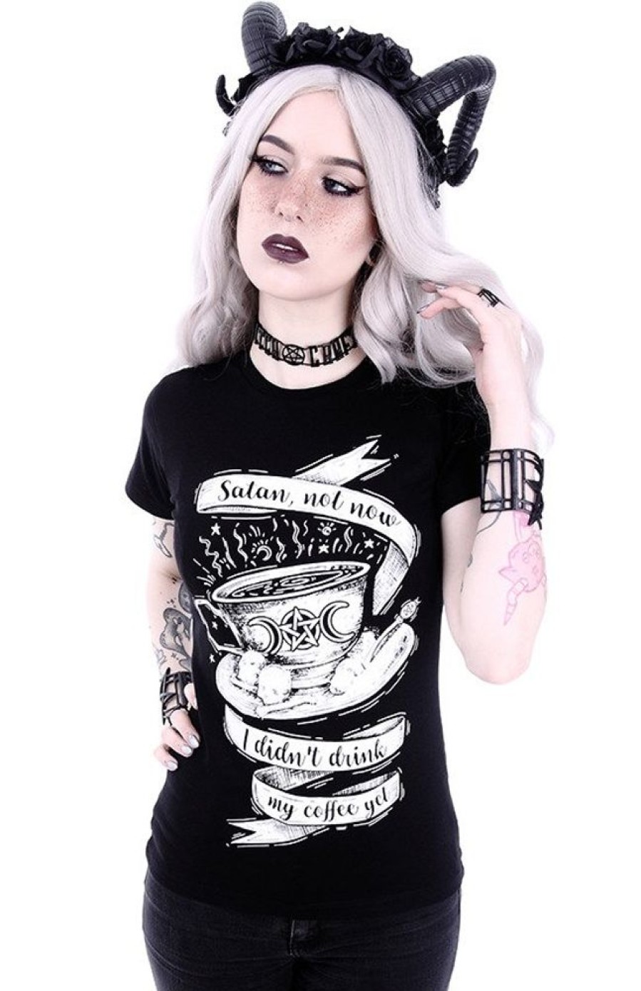 Clothes Restyle | Gothic T-Shirt With A Gothic Coffee "Satan Not Now"