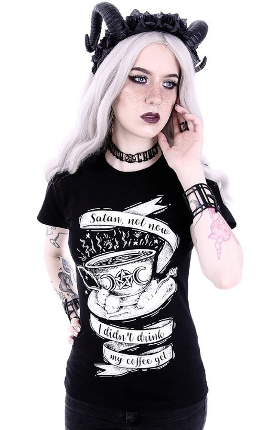 Clothes Restyle | Gothic T-Shirt With A Gothic Coffee "Satan Not Now"