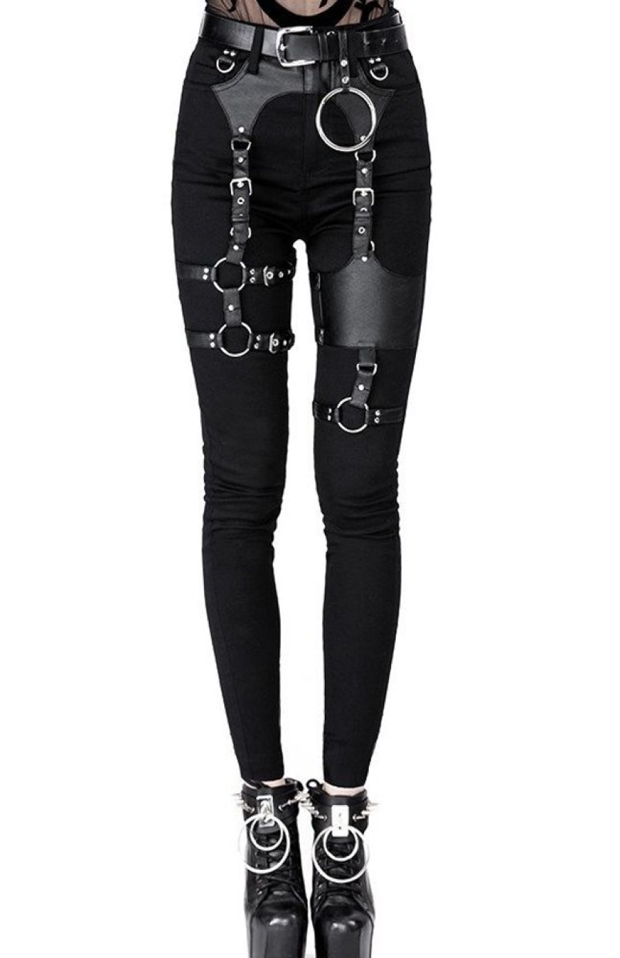 Clothes Restyle | Black Gothic Harness Jeans High Waist, Slim Fit Pants