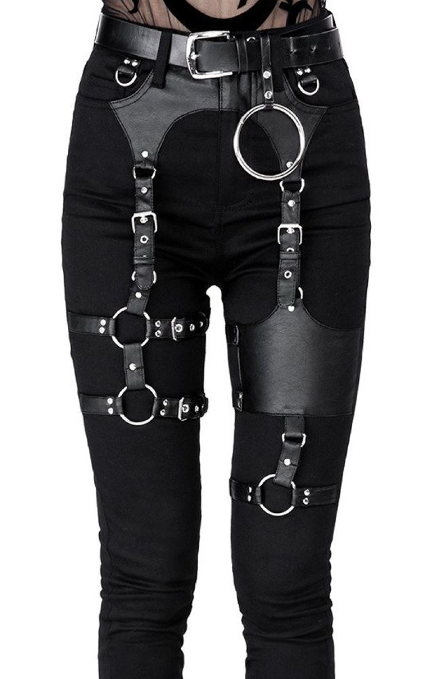 Clothes Restyle | Black Gothic Harness Jeans High Waist, Slim Fit Pants