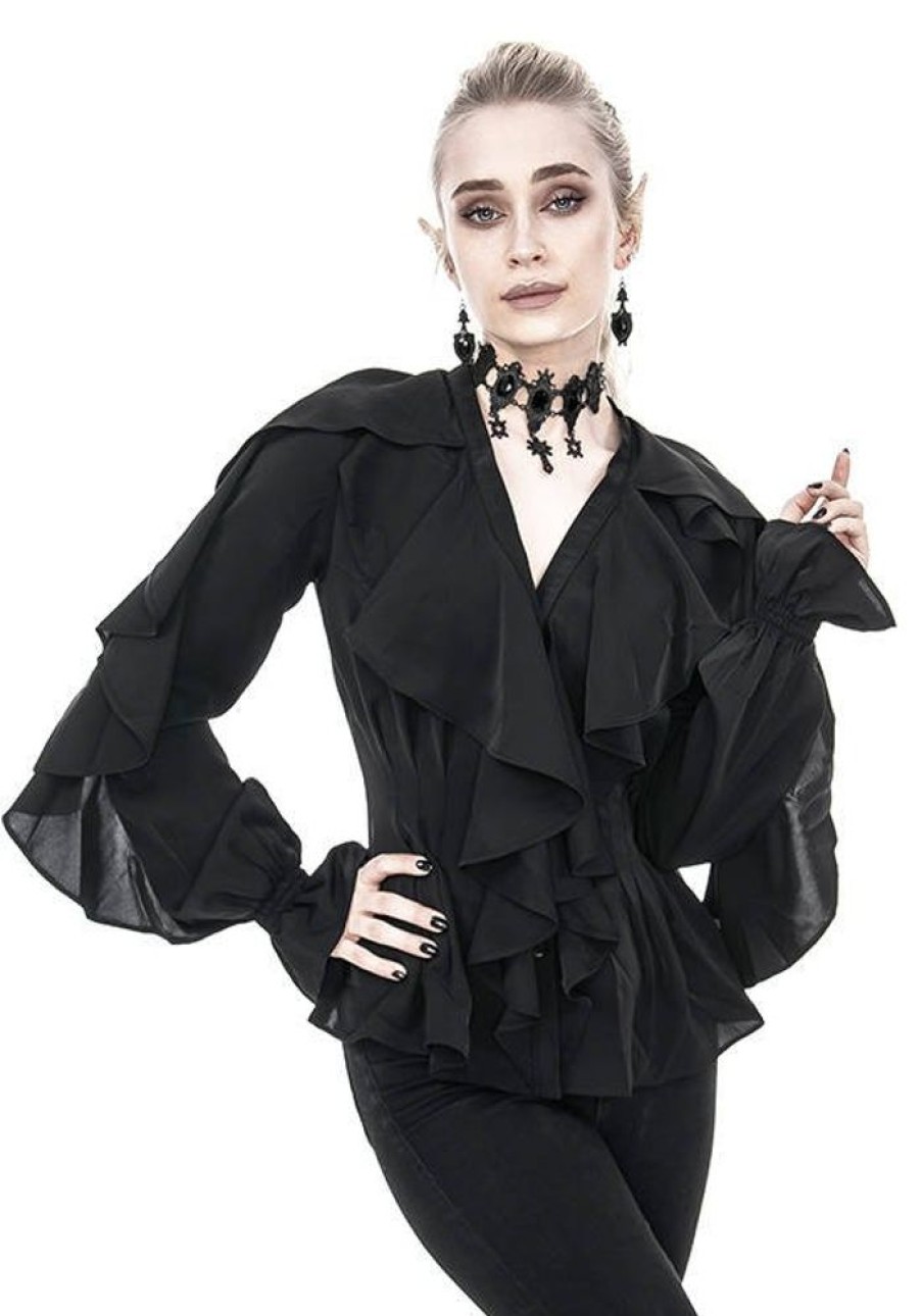 Clothes Restyle | Gothic Daphne Black Shirt With Ruffles