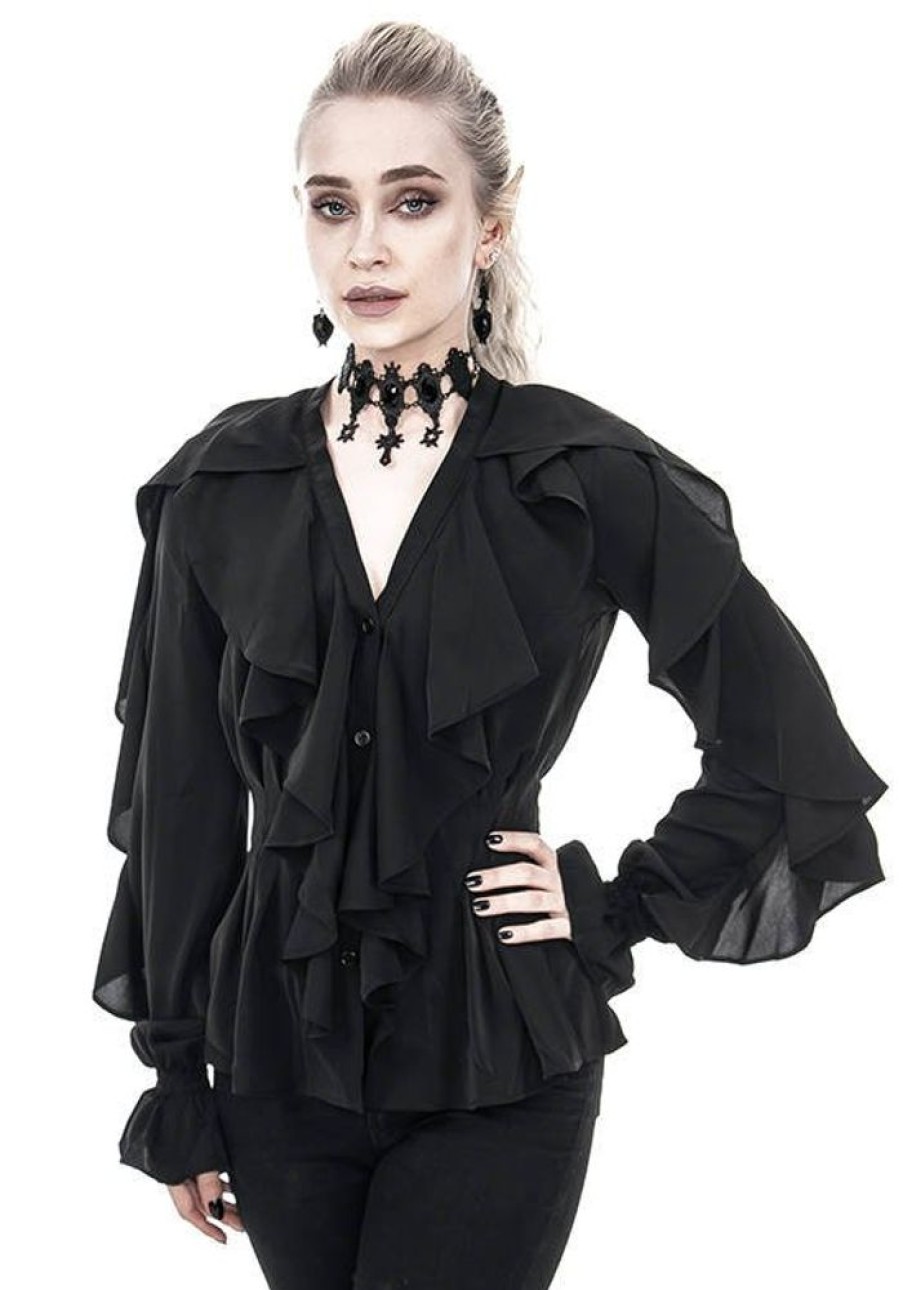 Clothes Restyle | Gothic Daphne Black Shirt With Ruffles