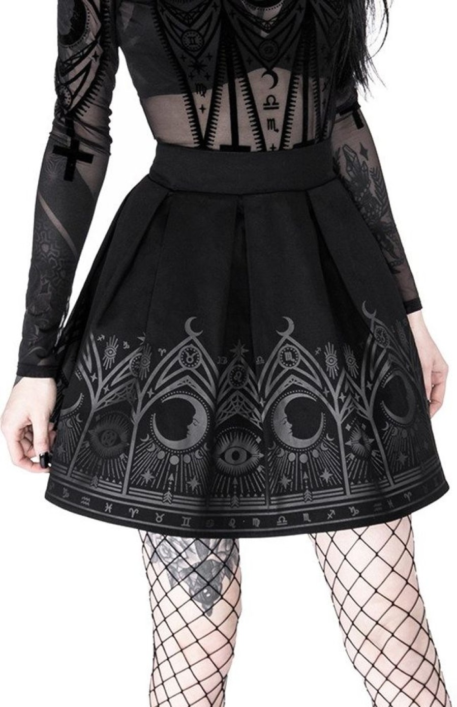 Clothes Restyle | Fortune Teller Skirt, Black Gothic Pleated Short Skirt With Moon Print