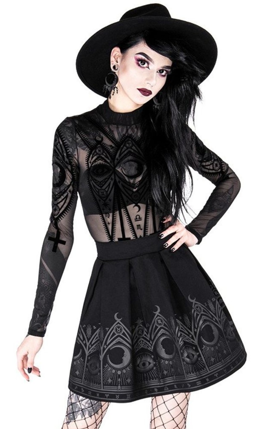 Clothes Restyle | Fortune Teller Skirt, Black Gothic Pleated Short Skirt With Moon Print