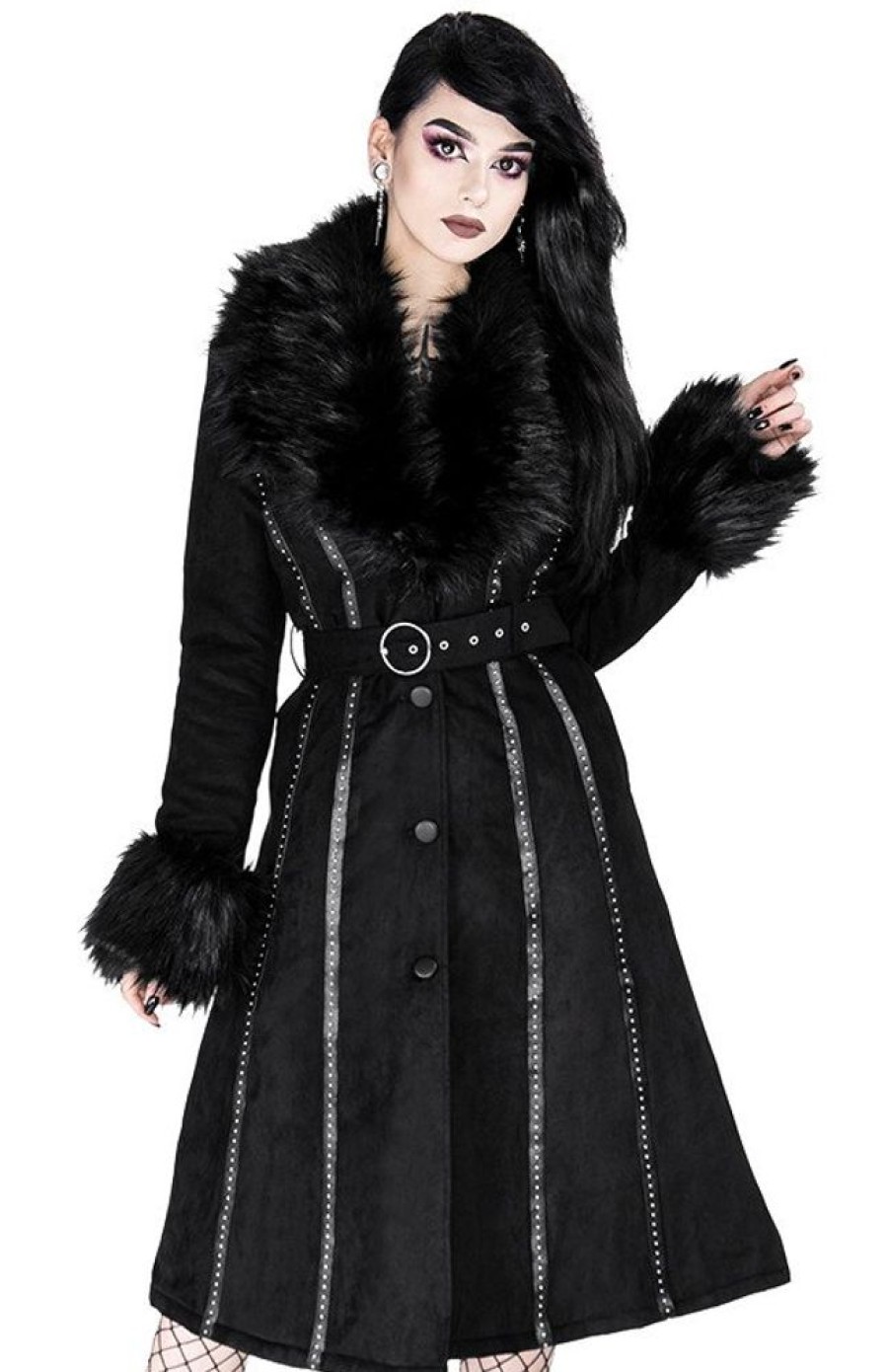 Clothes Restyle | Black Long Gothic Coat With Faux Fur Femme Fatale Coat