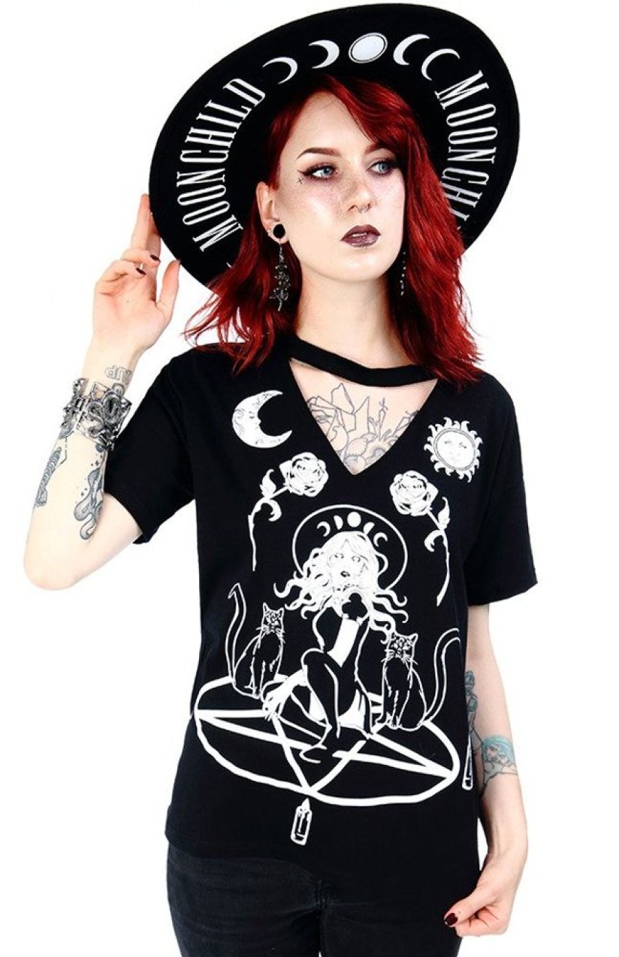 Clothes Restyle | Black Gothic Choker Top Witch & Cats