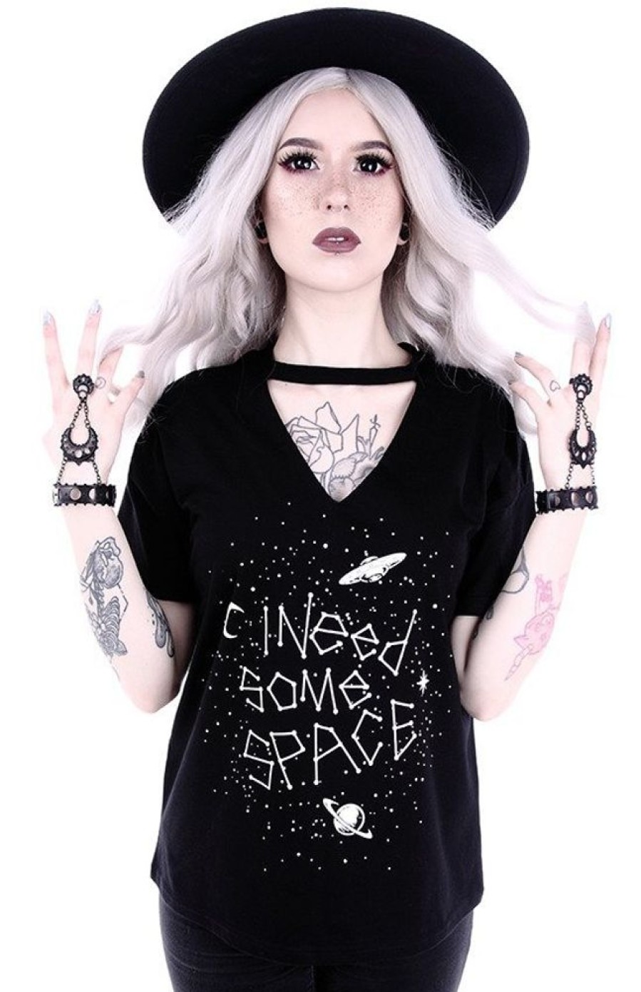 Clothes Restyle | Gothic Blouse With Star Constellation V-Neck With Choker "I Need Some Space"