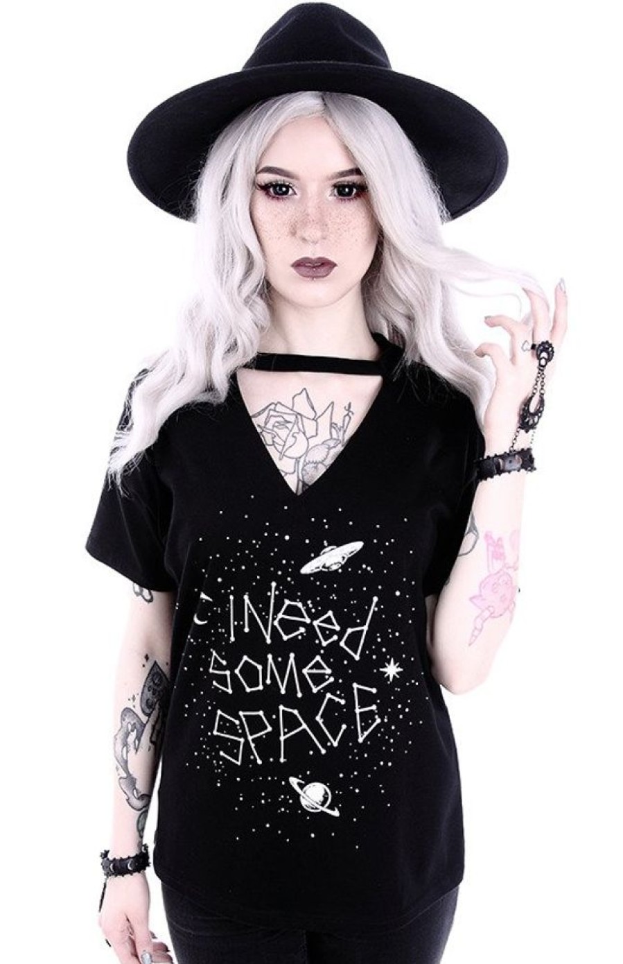 Clothes Restyle | Gothic Blouse With Star Constellation V-Neck With Choker "I Need Some Space"