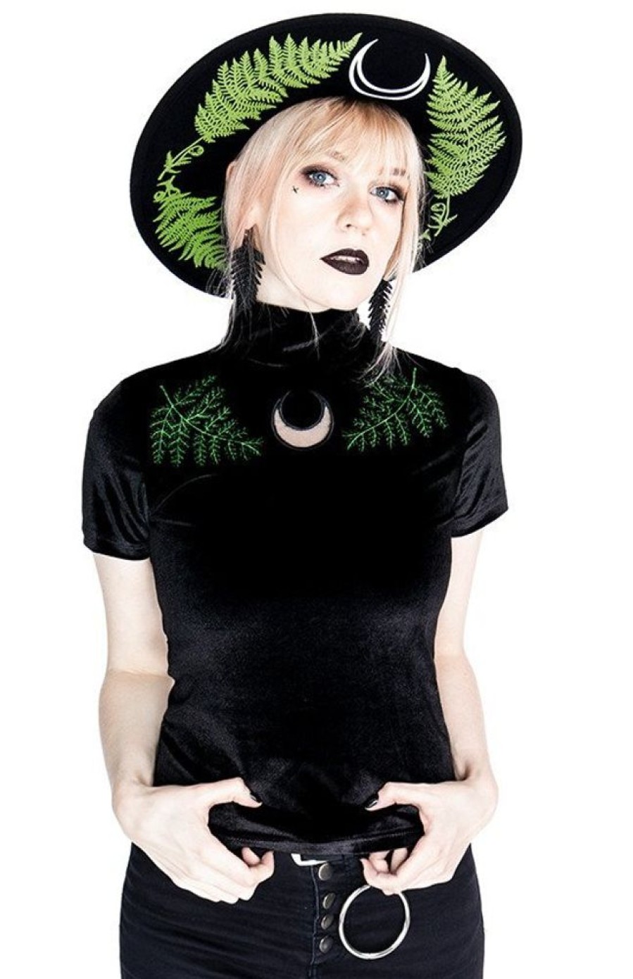 Clothes Restyle | Black Velvet Forest Top With Embroidery Fern Velvet Top