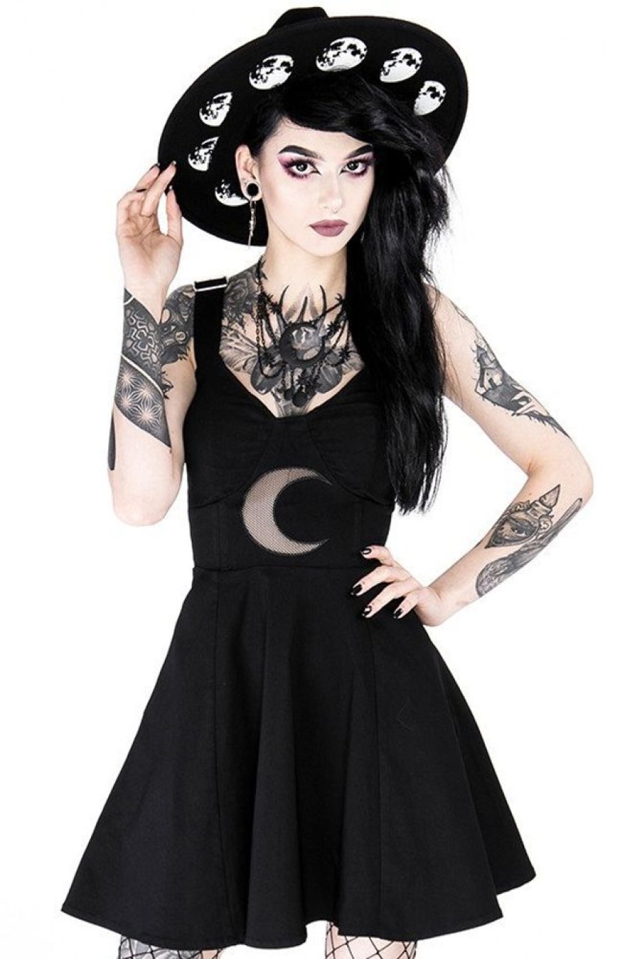 Clothes Restyle | Gothic Black Classic Dress With Mesh Crescent Moon Shape Of The Moon Dress